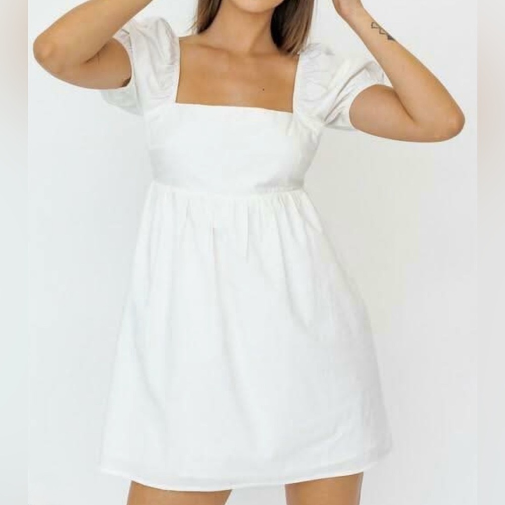 Poplin Lace-Up Back Puff Sleeve Mini Dress